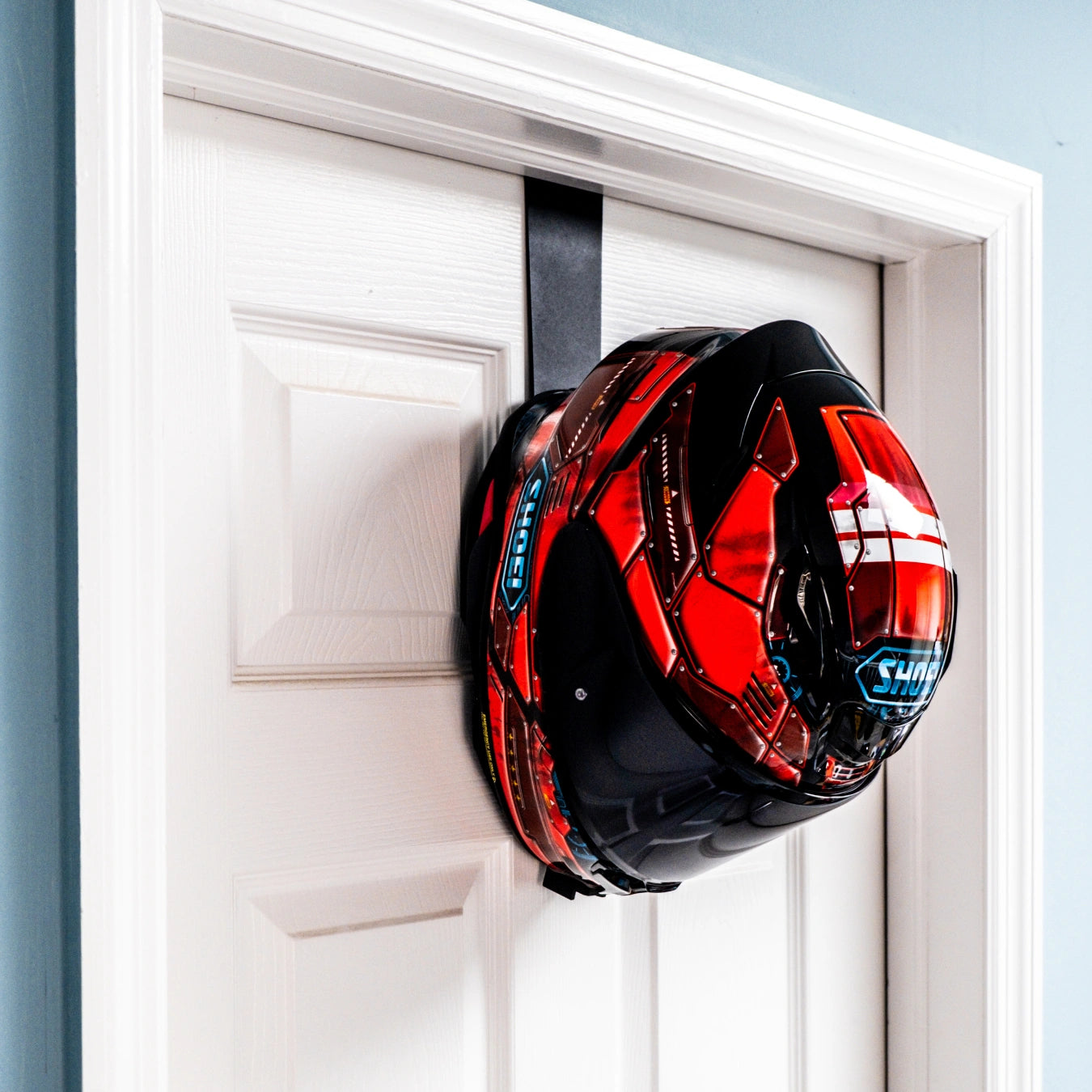Over-Door Motorcycle Helmet Rack — Black — Black powder-coated steel